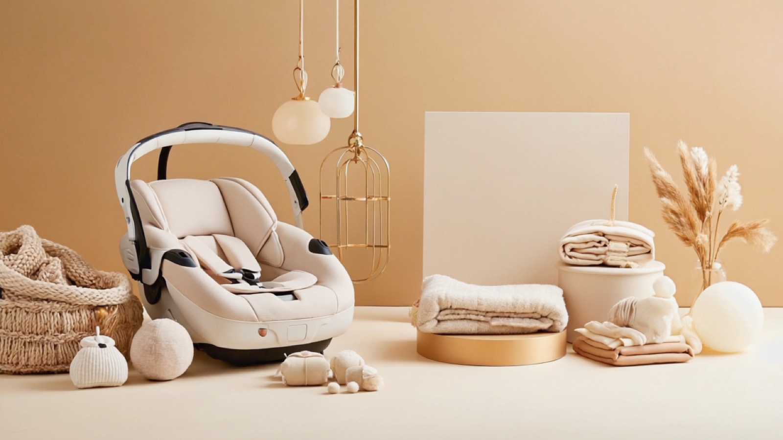Kindersitz auf einer Autorückbank, daneben ein zusammengeklappter Kinderwagen