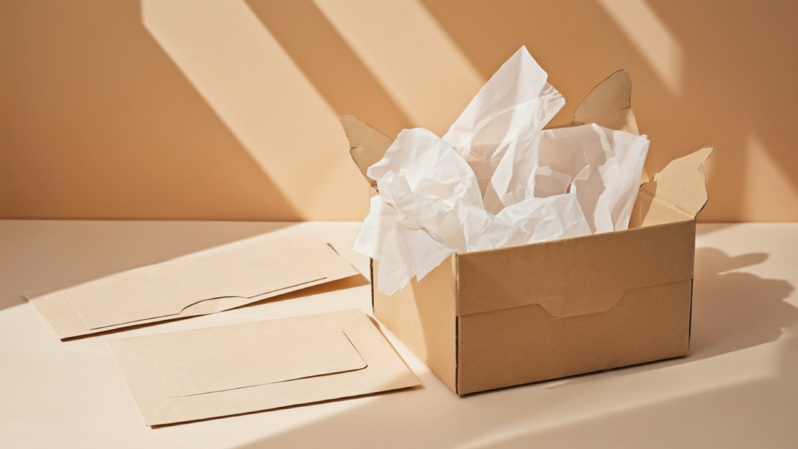 Verpacktes Paket mit Rücksendeaufkleber neben einer geöffneten Bestellung